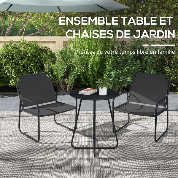 Ensemble de jardin 3 pièces, salon de jardin, 2 fauteuils 1 table ronde, acier et tissu respirant, gris