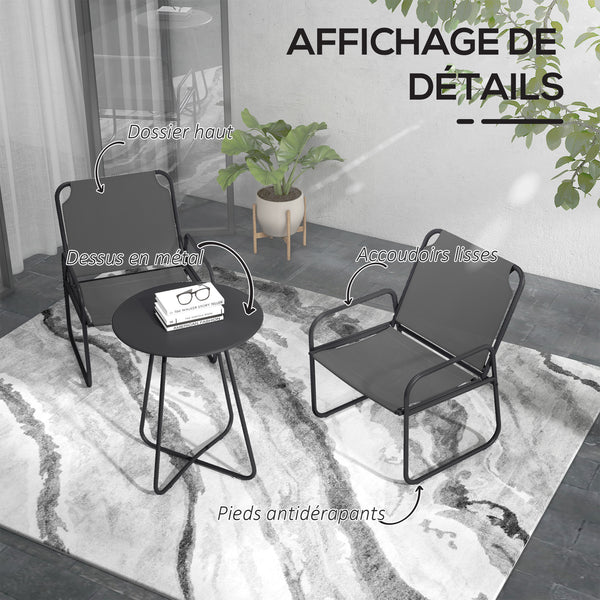 Ensemble de jardin 3 pièces, salon de jardin, 2 fauteuils 1 table ronde, acier et tissu respirant, gris