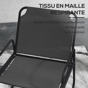 Ensemble de jardin 3 pièces, salon de jardin, 2 fauteuils 1 table ronde, acier et tissu respirant, gris