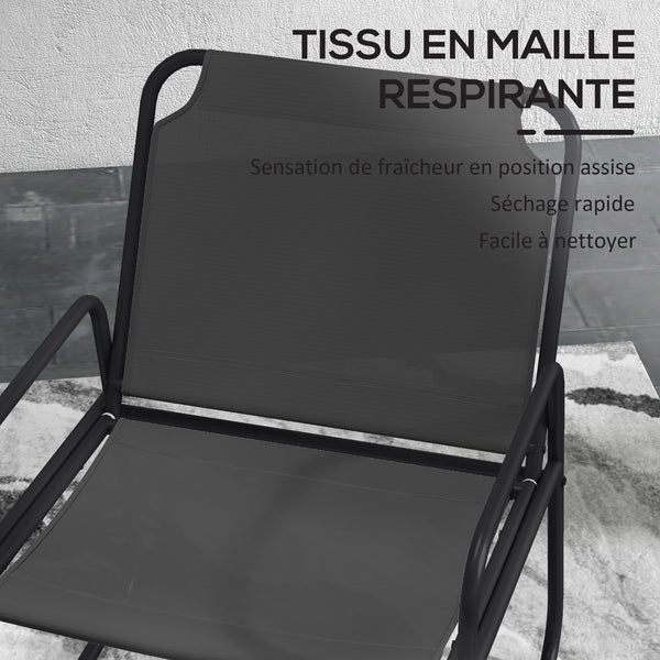 Ensemble de jardin 3 pièces, salon de jardin, 2 fauteuils 1 table ronde, acier et tissu respirant, gris