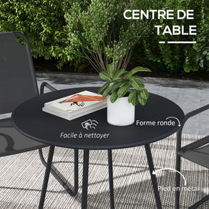 Ensemble de jardin 3 pièces, salon de jardin, 2 fauteuils 1 table ronde, acier et tissu respirant, gris