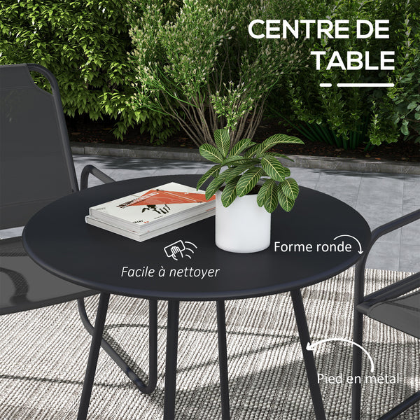 Ensemble de jardin 3 pièces, salon de jardin, 2 fauteuils 1 table ronde, acier et tissu respirant, gris