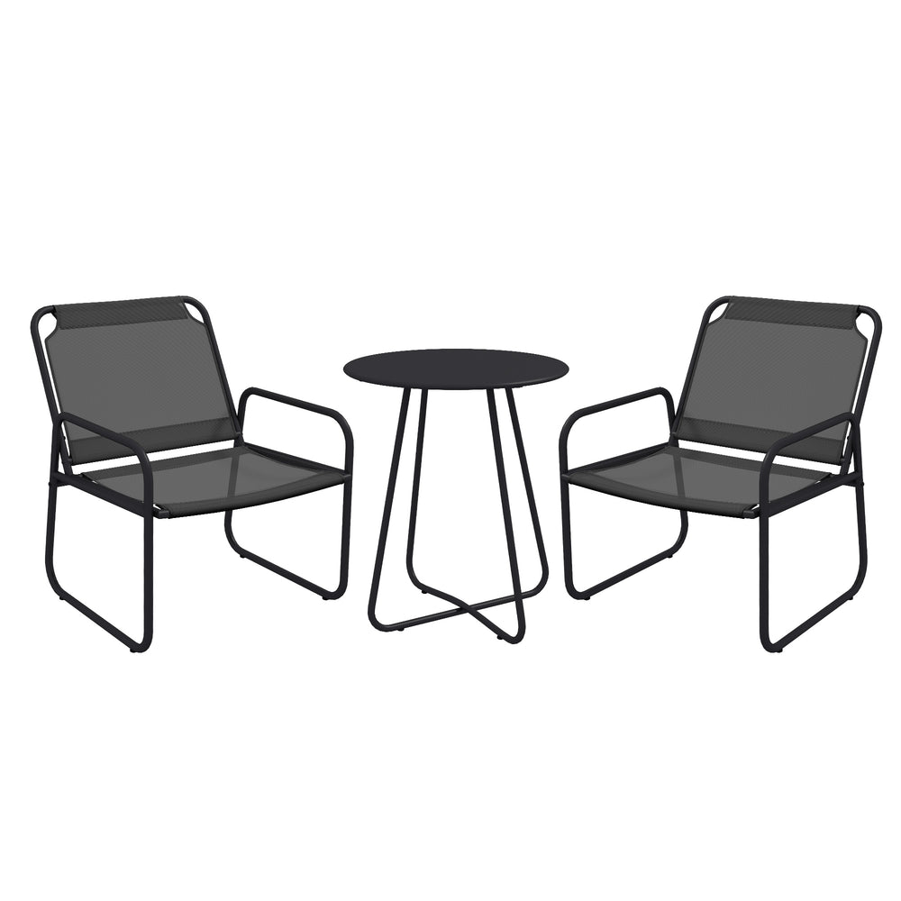 Ensemble de jardin 3 pièces, salon de jardin, 2 fauteuils 1 table ronde, acier et tissu respirant, gris