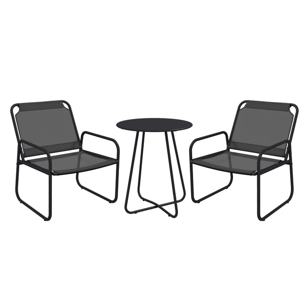 Ensemble de jardin 3 pièces, salon de jardin, 2 fauteuils 1 table ronde, acier et tissu respirant, gris