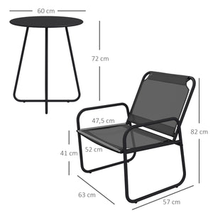 Ensemble de jardin 3 pièces, salon de jardin, 2 fauteuils 1 table ronde, acier et tissu respirant, gris