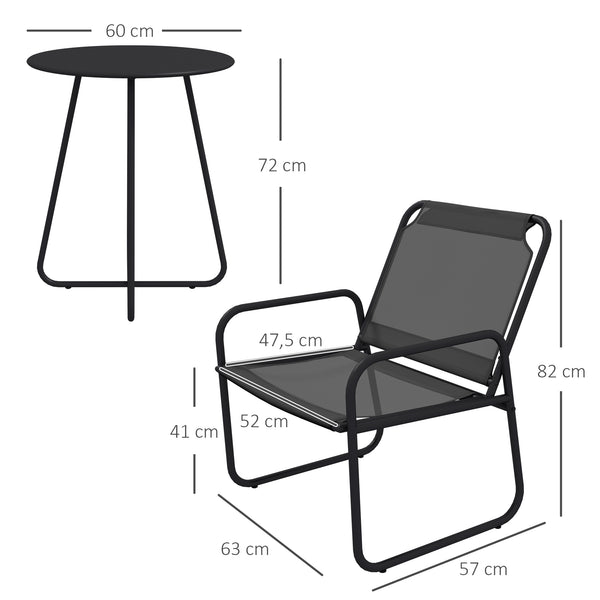 Ensemble de jardin 3 pièces, salon de jardin, 2 fauteuils 1 table ronde, acier et tissu respirant, gris