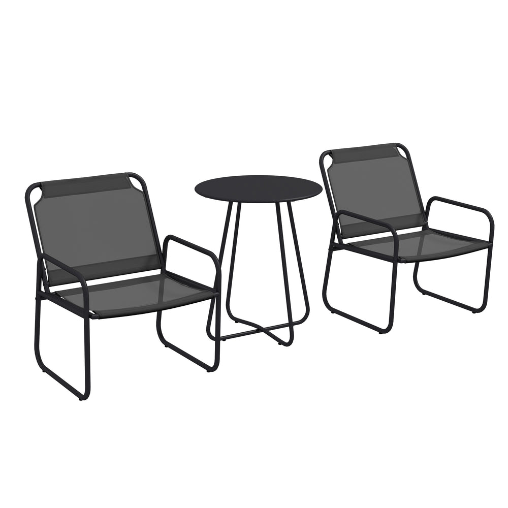 Ensemble de jardin 3 pièces, salon de jardin, 2 fauteuils 1 table ronde, acier et tissu respirant, gris