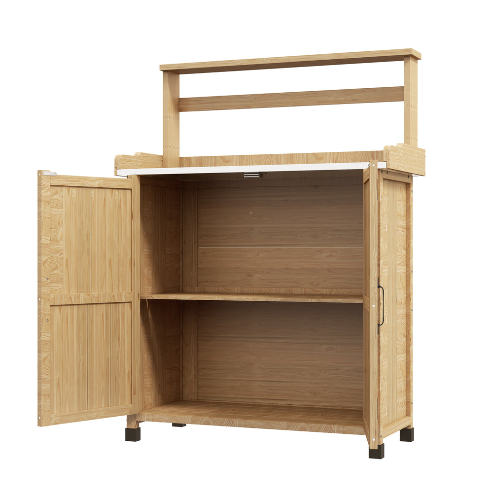 Table de rempotage table de jardinage style rustique avec placard et étagères et plateau galvanisé patins antidérapants en bois sapin pré-huilé dim. 90,5L x 41l x 124,5H cm jaune