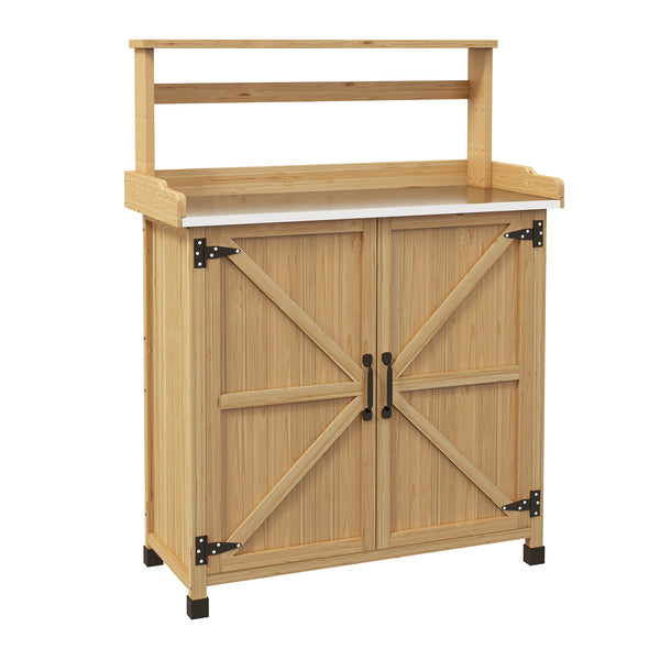 Table de rempotage table de jardinage style rustique avec placard et étagères et plateau galvanisé patins antidérapants en bois sapin pré-huilé dim. 90,5L x 41l x 124,5H cm jaune