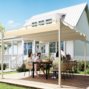 Pergola Rétractable Coulissante 3 x 3 m, tonnelle de Jardin à fixation magnétique Tissu Polyester Haute densité 180g/m² résistant aux UV, pour patios, jardin, terrasse, arrière-cours, kaki