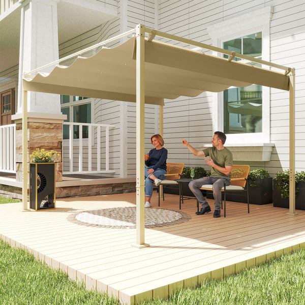 Pergola Rétractable Coulissante 3 x 3 m, tonnelle de Jardin à fixation magnétique Tissu Polyester Haute densité 180g/m² résistant aux UV, pour patios, jardin, terrasse, arrière-cours, kaki