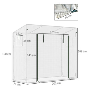 Serre de jardin PE, serre de balcon, bâche renforcée 140 g/m², châssis en acier, porte zippée enroulable, pour légumes plantes fleurs, intérieur et extérieur, 200 x 76 x 168 cm, blanc