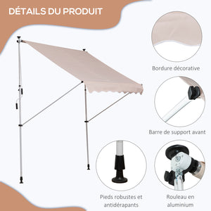 Store banne manuel rétractable 2L x 1,5l x 1,7-2,8H m inclinaison réglable installation rapide store banne sans perçage pour balcon métal aluminium polyester beige