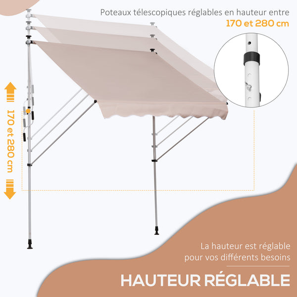 Store banne manuel rétractable 2L x 1,5l x 1,7-2,8H m inclinaison réglable installation rapide store banne sans perçage pour balcon métal aluminium polyester beige