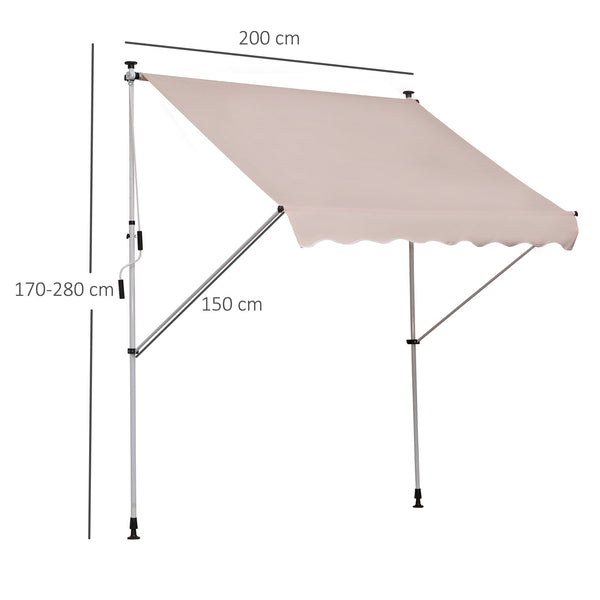 Store banne manuel rétractable 2L x 1,5l x 1,7-2,8H m inclinaison réglable installation rapide store banne sans perçage pour balcon métal aluminium polyester beige