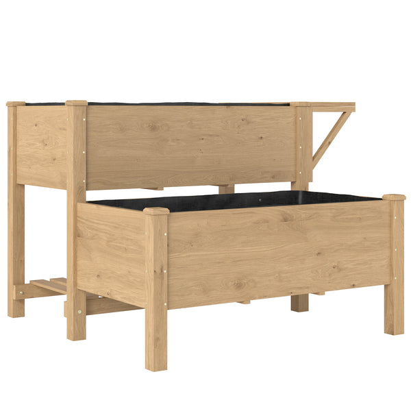 Potager sur Pieds à 2 niveaux, Jardinières surélevées avec étagères en bois avec doublure et trous de drainage pour fleurs et légumes, 119,5 x 102 x 76,5 cm, marron clair