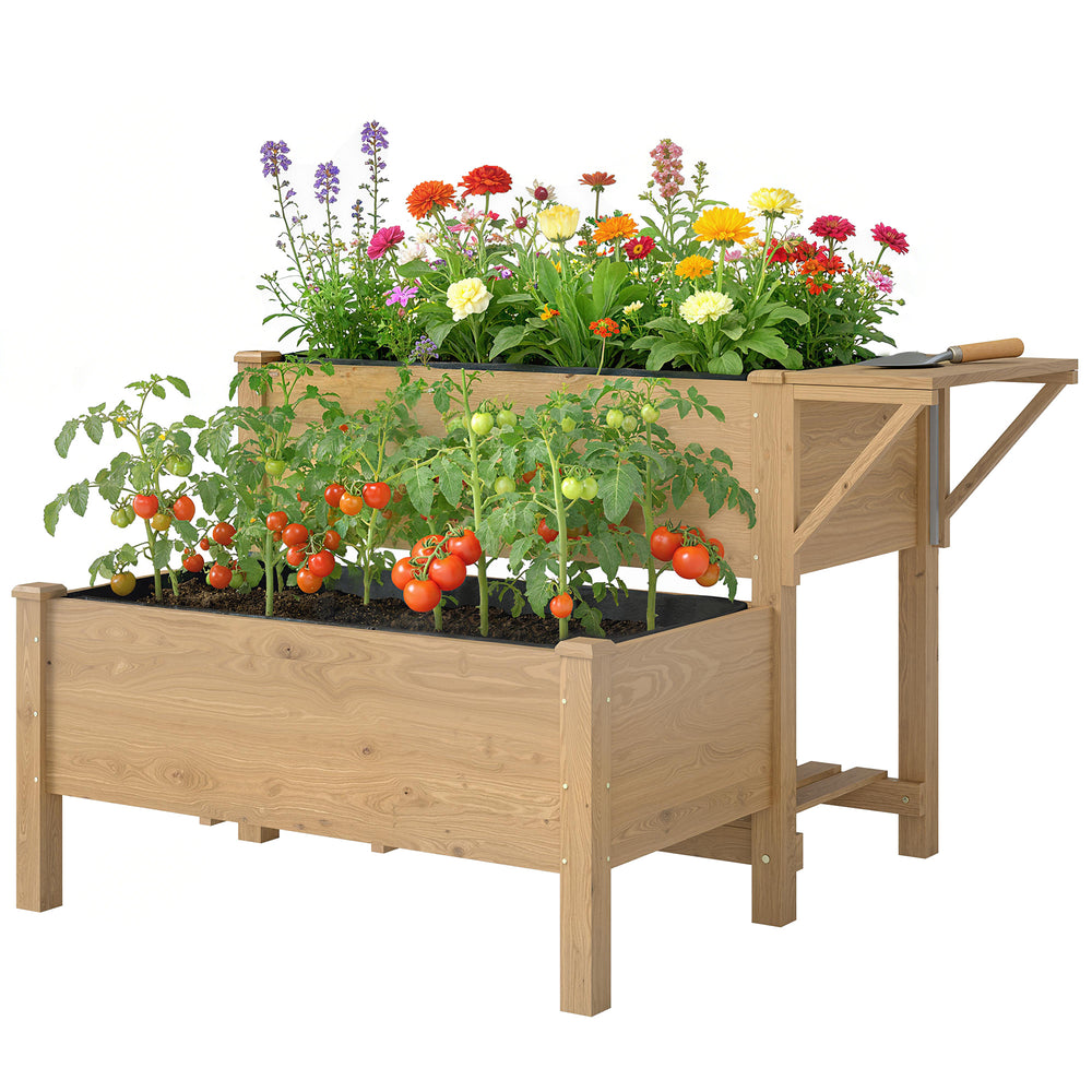 Potager sur Pieds à 2 niveaux, Jardinières surélevées avec étagères en bois avec doublure et trous de drainage pour fleurs et légumes, 119,5 x 102 x 76,5 cm, marron clair