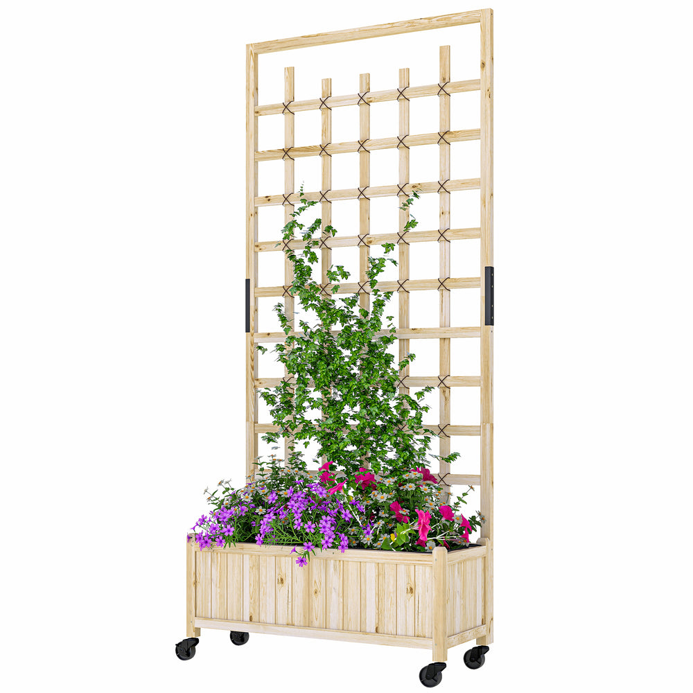 Jardinière avec treillis, bac à fleurs avec roues, lit surélevé, pour plantes grimpantes, légumes, fleurs, bois massif, intérieur et extérieur, cour jardin balcon, 82,5x35x186cm, bois naturel