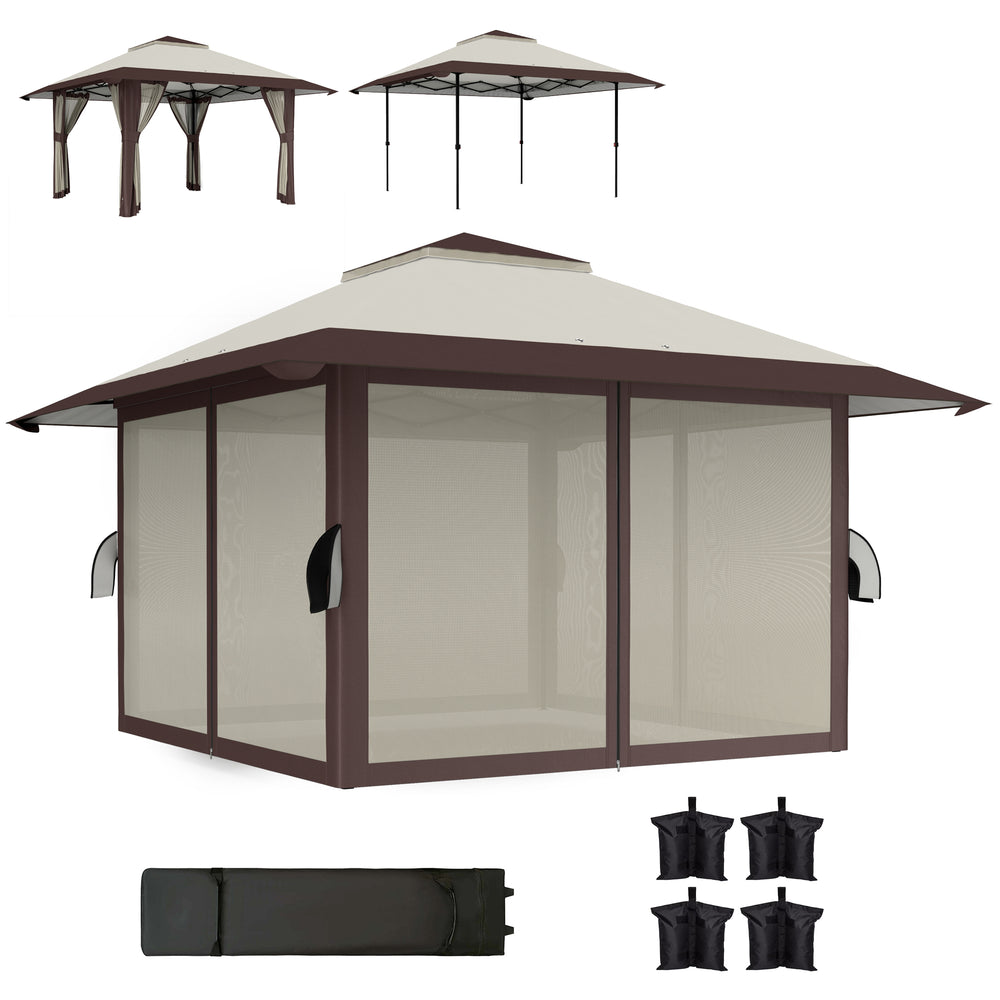 Pavillon 4x4m Étanche Ajustable en Hauteur Pop-up Pavillon Pliable avec Parois en Filet Protection UV 50+ Tente de Fête Jardin avec Sac de Transport Sacs de Sable Pavillon de Jardin pour Camping Jardin Festival, Beige