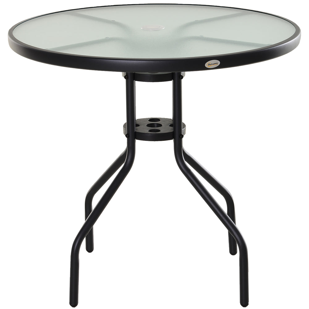 Table Ronde Bistro de Jardin dim. Ø 80 x 72H cm Espace Installation Parasol Acier époxy Noir Plateau Verre trempé