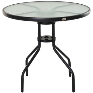 Table Ronde Bistro de Jardin dim. Ø 80 x 72H cm Espace Installation Parasol Acier époxy Noir Plateau Verre trempé