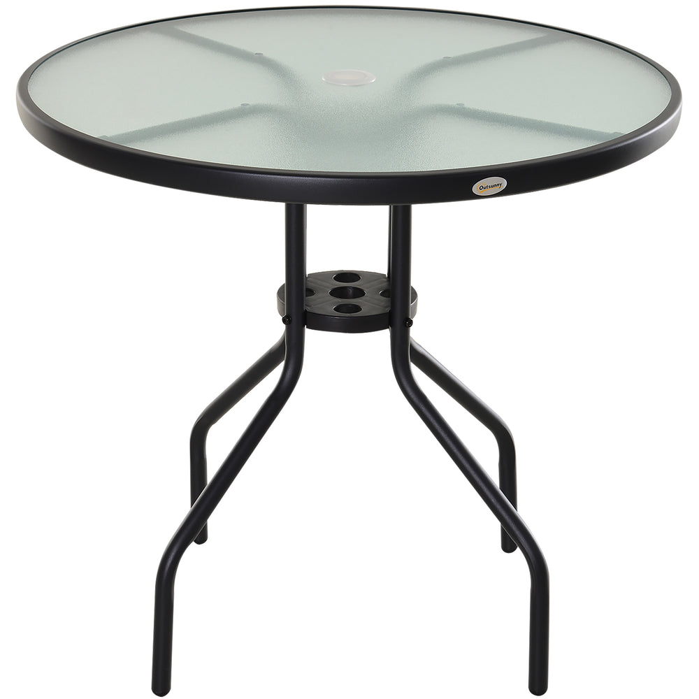 Table Ronde Bistro de Jardin dim. Ø 80 x 72H cm Espace Installation Parasol Acier époxy Noir Plateau Verre trempé