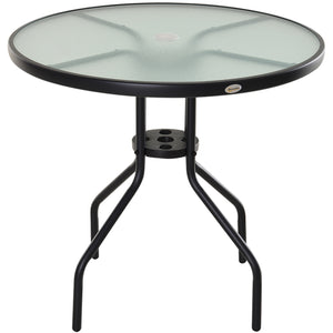 Table Ronde Bistro de Jardin dim. Ø 80 x 72H cm Espace Installation Parasol Acier époxy Noir Plateau Verre trempé