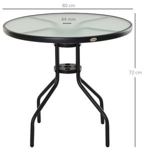 Table Ronde Bistro de Jardin dim. Ø 80 x 72H cm Espace Installation Parasol Acier époxy Noir Plateau Verre trempé