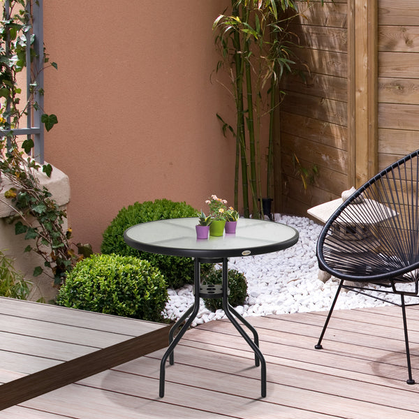 Table Ronde Bistro de Jardin dim. Ø 80 x 72H cm Espace Installation Parasol Acier époxy Noir Plateau Verre trempé