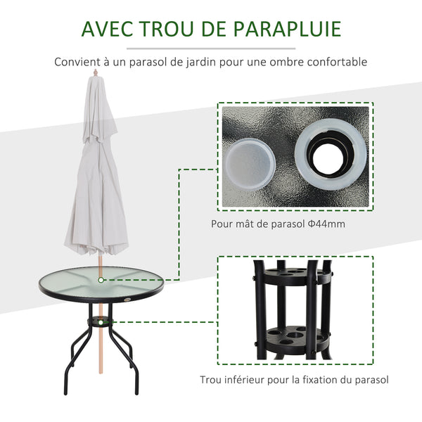 Table Ronde Bistro de Jardin dim. Ø 80 x 72H cm Espace Installation Parasol Acier époxy Noir Plateau Verre trempé