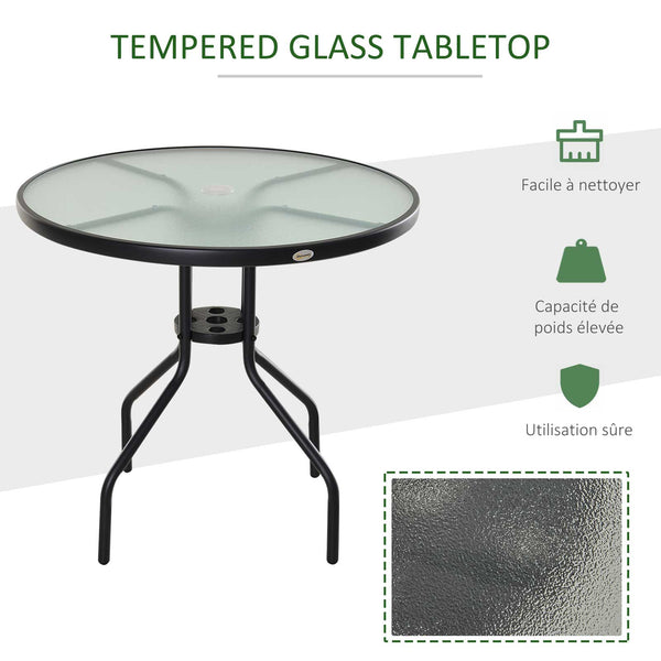 Table Ronde Bistro de Jardin dim. Ø 80 x 72H cm Espace Installation Parasol Acier époxy Noir Plateau Verre trempé