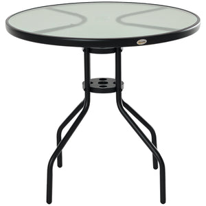 Table Ronde Bistro de Jardin dim. Ø 80 x 72H cm Espace Installation Parasol Acier époxy Noir Plateau Verre trempé