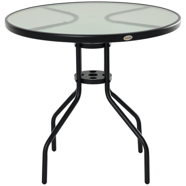 Table Ronde Bistro de Jardin dim. Ø 80 x 72H cm Espace Installation Parasol Acier époxy Noir Plateau Verre trempé