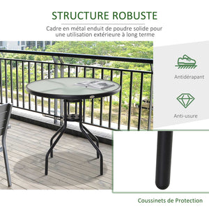 Table Ronde Bistro de Jardin dim. Ø 80 x 72H cm Espace Installation Parasol Acier époxy Noir Plateau Verre trempé