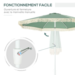 Parasol de jardin parasol extérieur inclinable à franges avec manivelle 8 baleines dim. Ø 2,65 x 2,45 H m vert