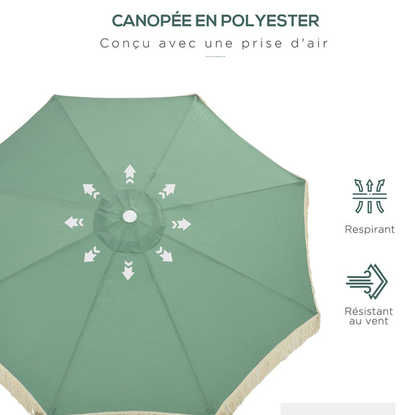 Parasol de jardin parasol extérieur inclinable à franges avec manivelle 8 baleines dim. Ø 2,65 x 2,45 H m vert