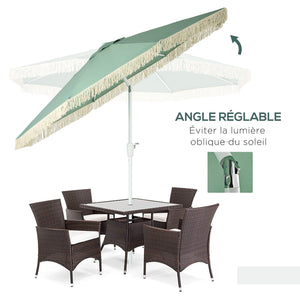 Parasol de jardin parasol extérieur inclinable à franges avec manivelle 8 baleines dim. Ø 2,65 x 2,45 H m vert