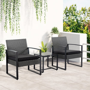 Salon de jardin 2 places 3 pièces 2 chaises avec coussins + table basse plateau verre trempé résine tressée 4 fils imitation rotin gris