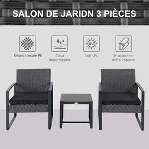 Salon de jardin 2 places 3 pièces 2 chaises avec coussins + table basse plateau verre trempé résine tressée 4 fils imitation rotin gris