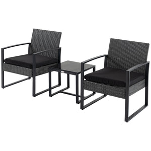 Salon de jardin 2 places 3 pièces 2 chaises avec coussins + table basse plateau verre trempé résine tressée 4 fils imitation rotin gris