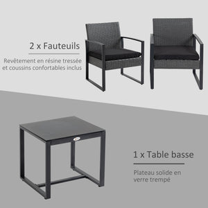 Salon de jardin 2 places 3 pièces 2 chaises avec coussins + table basse plateau verre trempé résine tressée 4 fils imitation rotin gris