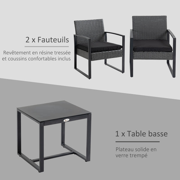 Salon de jardin 2 places 3 pièces 2 chaises avec coussins + table basse plateau verre trempé résine tressée 4 fils imitation rotin gris