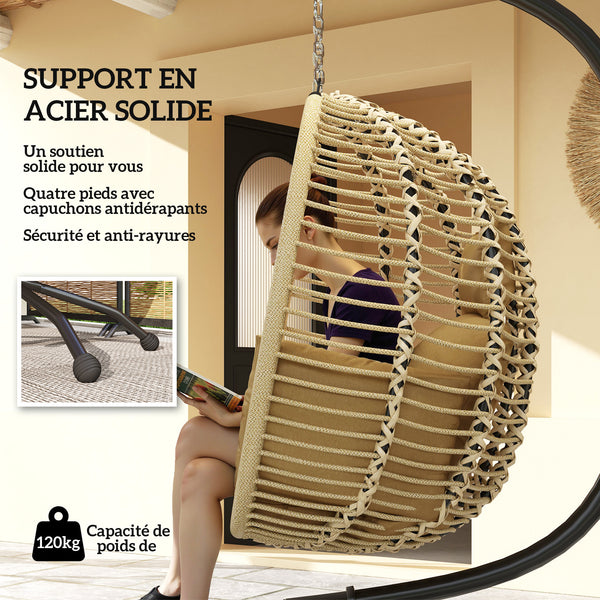 Fauteuil œuf Suspendu balancelle Pliante avec Coussin et Support Usage intérieur extérieur métal corde en polypropylène dim. 110L x 100l x 188H cm beige