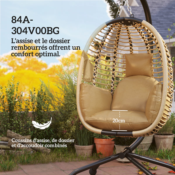 Fauteuil œuf Suspendu balancelle Pliante avec Coussin et Support Usage intérieur extérieur métal corde en polypropylène dim. 110L x 100l x 188H cm beige