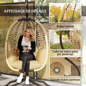 Fauteuil œuf Suspendu balancelle Pliante avec Coussin et Support Usage intérieur extérieur métal corde en polypropylène dim. 110L x 100l x 188H cm beige