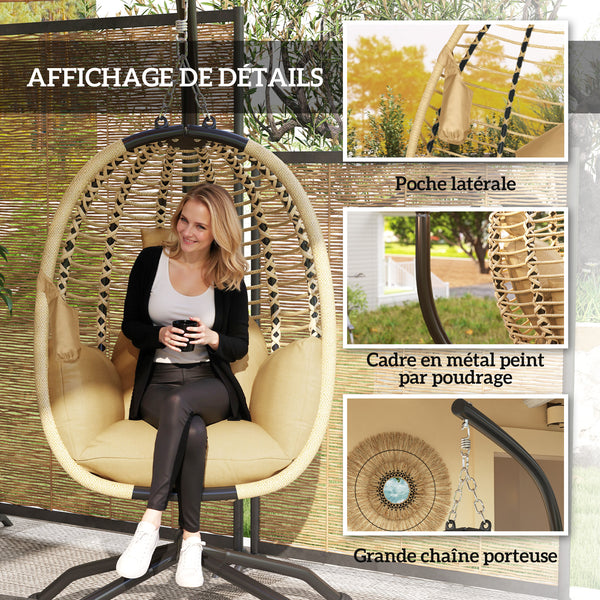 Fauteuil œuf Suspendu balancelle Pliante avec Coussin et Support Usage intérieur extérieur métal corde en polypropylène dim. 110L x 100l x 188H cm beige