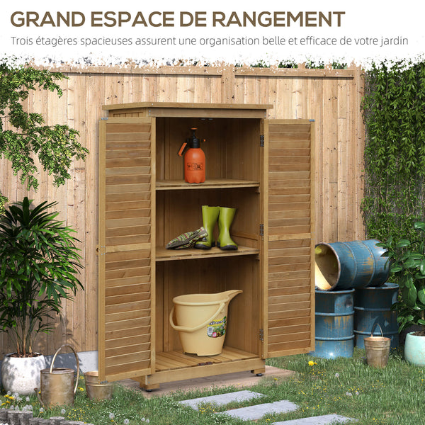 Armoire abri de jardin remise pour outils en bois sur pied 2 étagères toit bitumé incliné portes persiennes 87 x 47 x 160 cm naturel