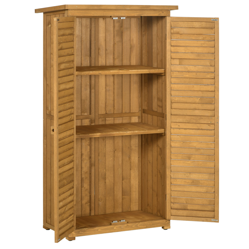 Armoire abri de jardin remise pour outils en bois sur pied 2 étagères toit bitumé incliné portes persiennes 87 x 47 x 160 cm naturel
