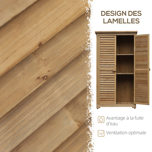 Armoire abri de jardin remise pour outils en bois sur pied 2 étagères toit bitumé incliné portes persiennes 87 x 47 x 160 cm naturel