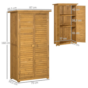 Armoire abri de jardin remise pour outils en bois sur pied 2 étagères toit bitumé incliné portes persiennes 87 x 47 x 160 cm naturel